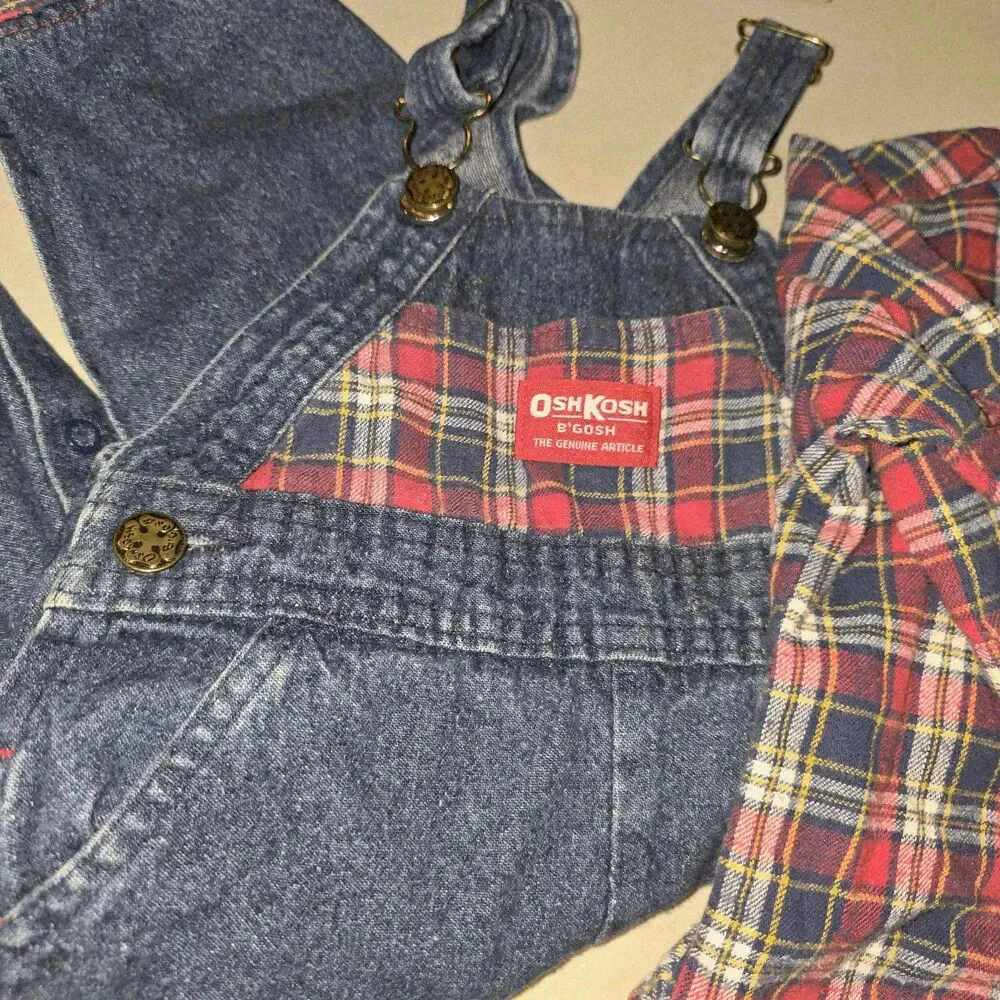 OSHKOSH B’GOSH Sz 18m USA Vintage 2015 Logo Denim Overalls & Red Flannel Shirt